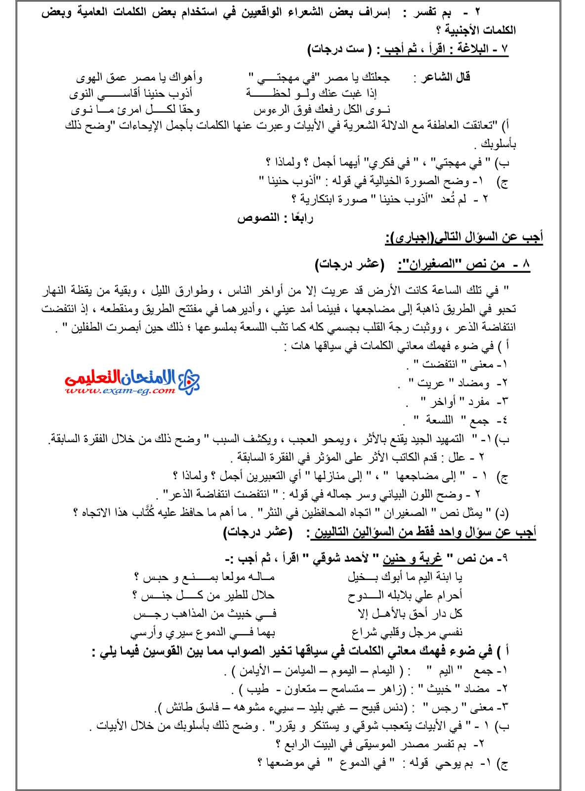 امتحان الوزارة في اللغة العربية 2