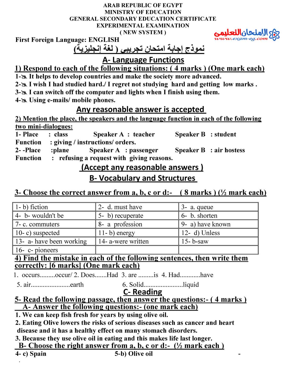 اجابة لغة انجليزية 2 - الامتحان التعليمى-1