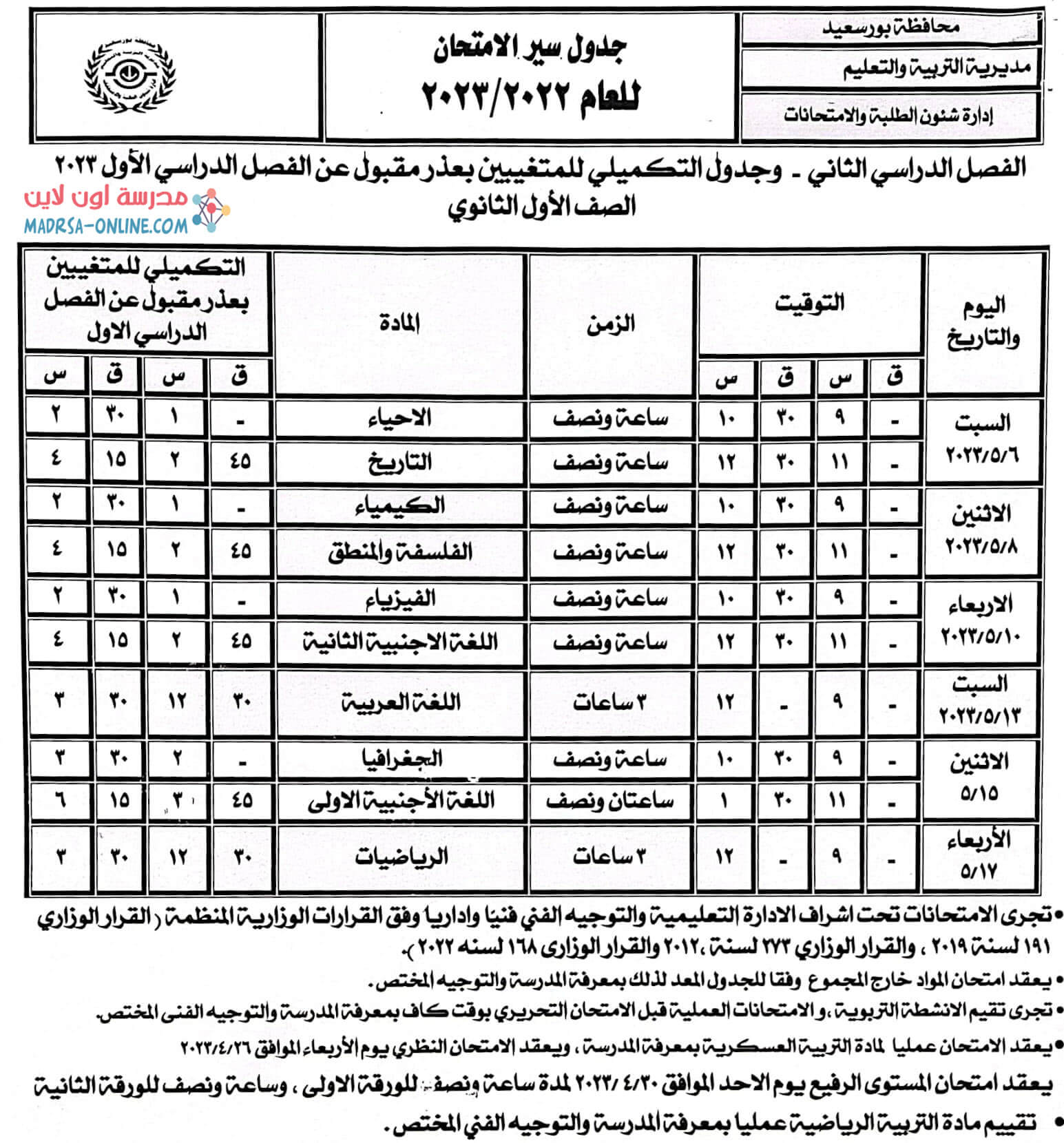 جدول اولى ثانوى بور سعيد