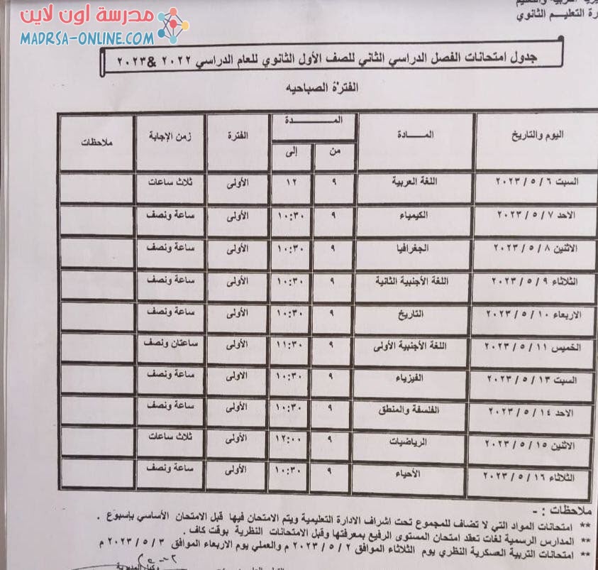 جدول اولى ثانوي بجنوب سيناء