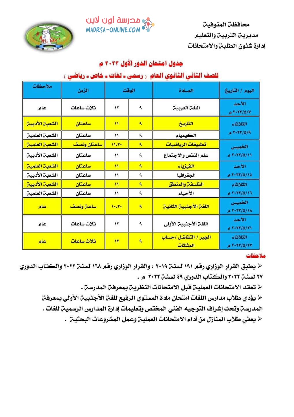 جدول تانية ثانوي بالمنوفية