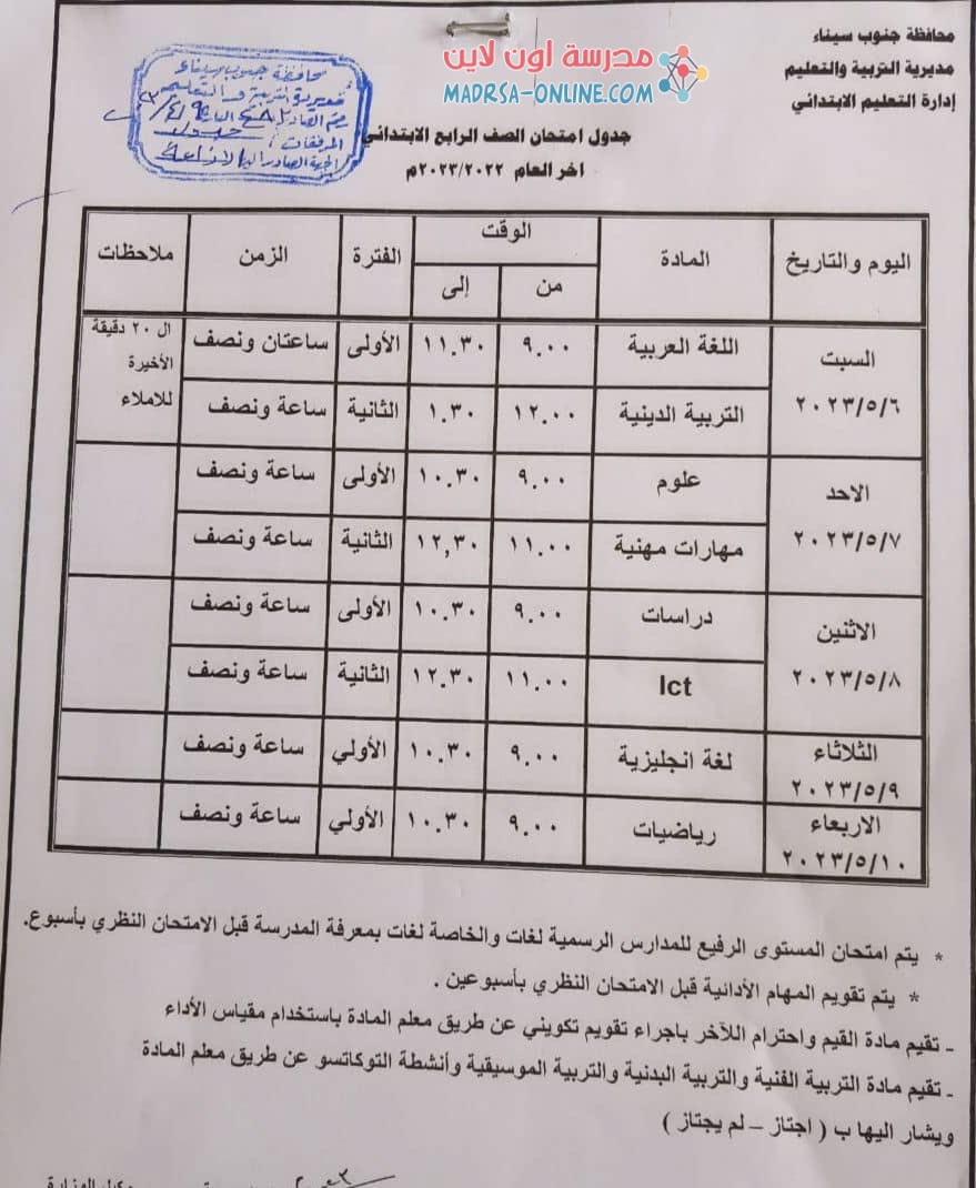 جدول رابعة ابتدائي بجنوب سيناء