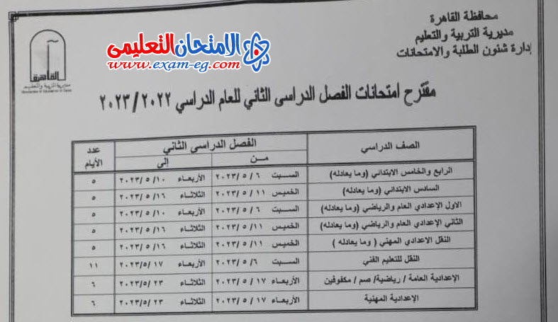 مواعيد امتحانات القاهرة