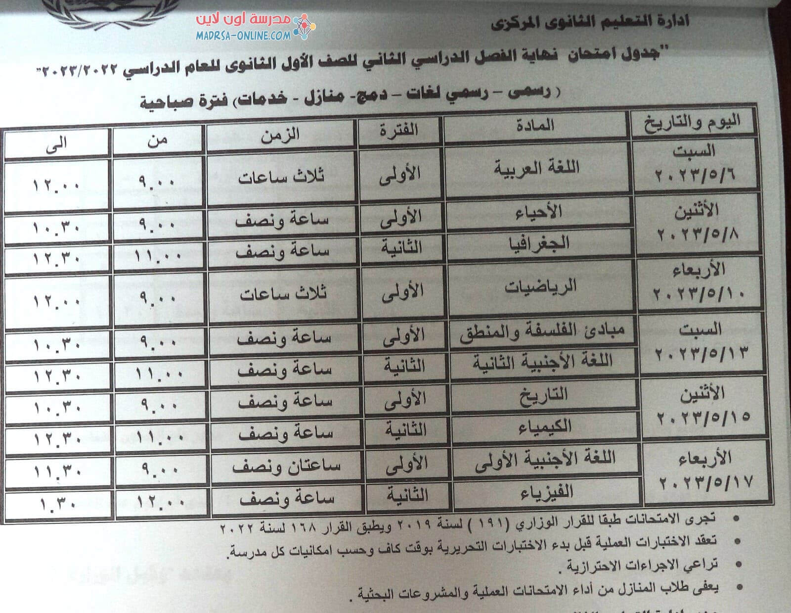 جدول اولى ثانوى بمطروح