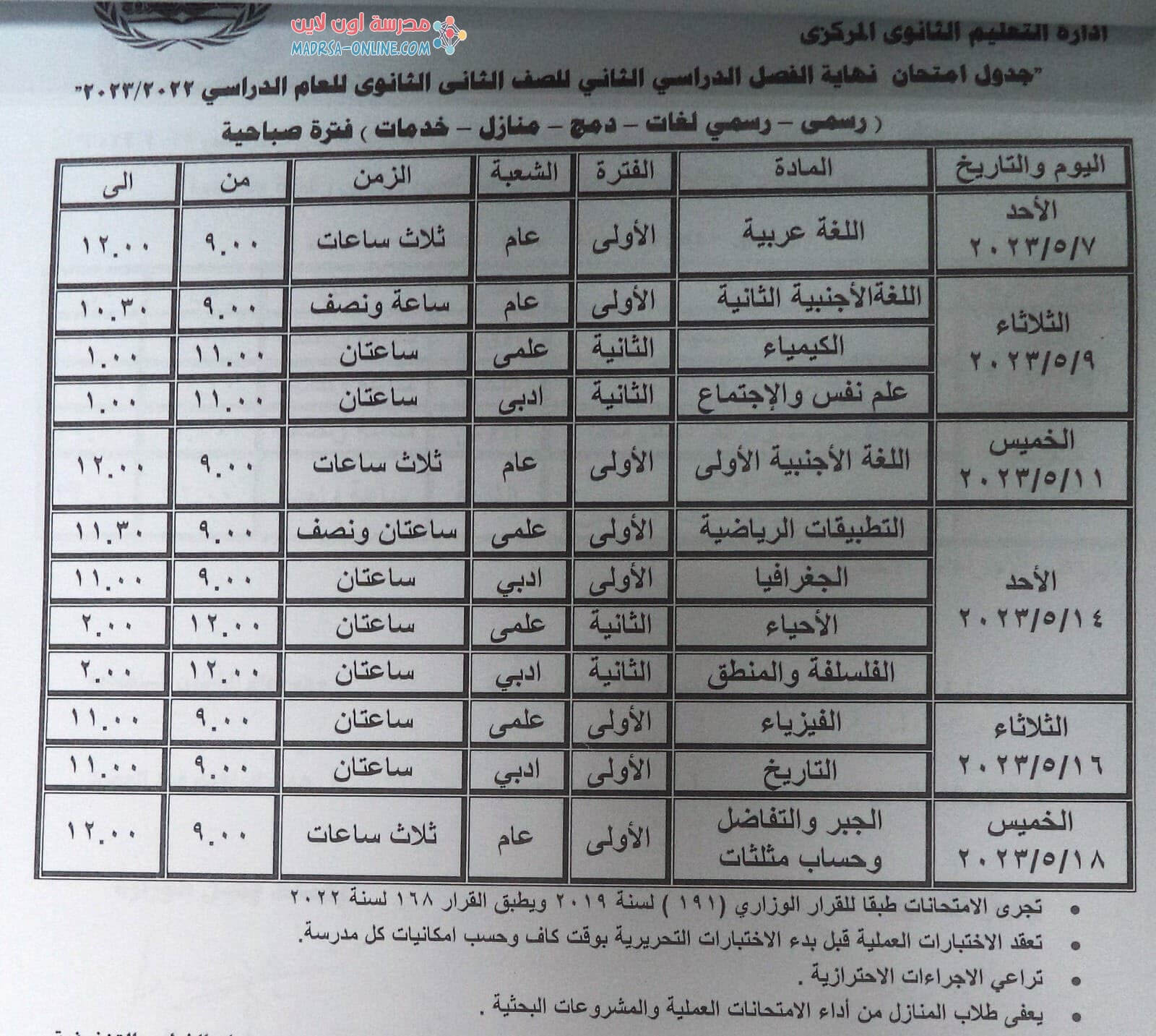 جدول تانية ثانوى بمطروح