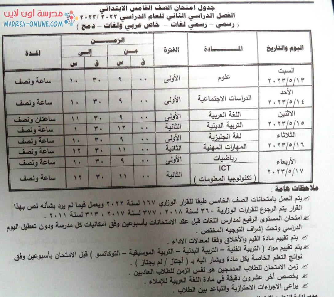 جدول خامسة ابتدائي بمطروح