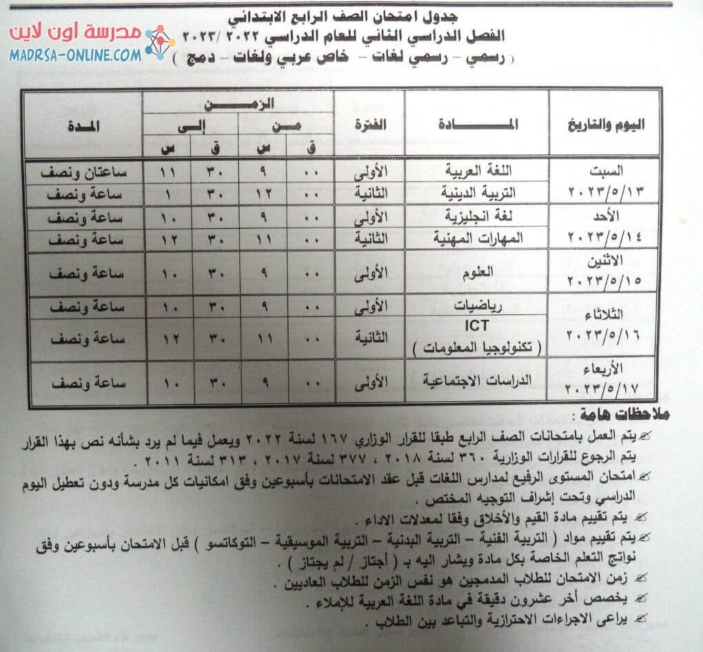 جدول رابعة ابتدائي بمطروح