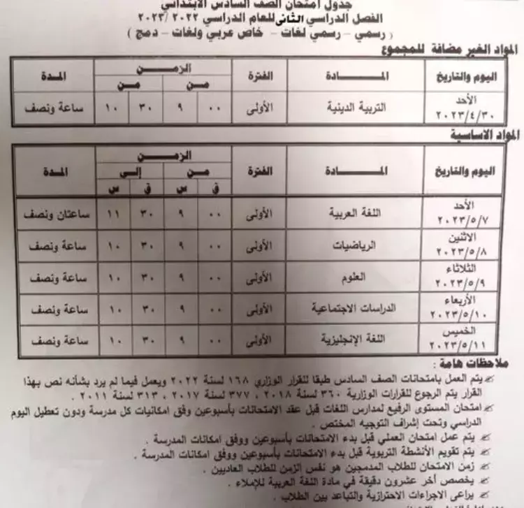 جدول سادسة ابتدائي مطروح